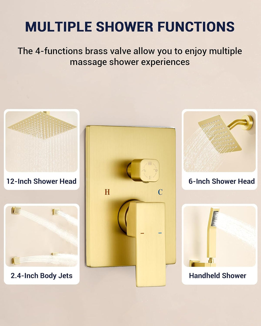 Dual Rainfall Shower Head System with 4 Body Jets, JetsBath Shower Faucet Set Double Shower Head 6-Inch Shower Head & 12' Rain Shower, Luxury Brushed Gold Shower Faucet Set,Wall-Mounted Shower System