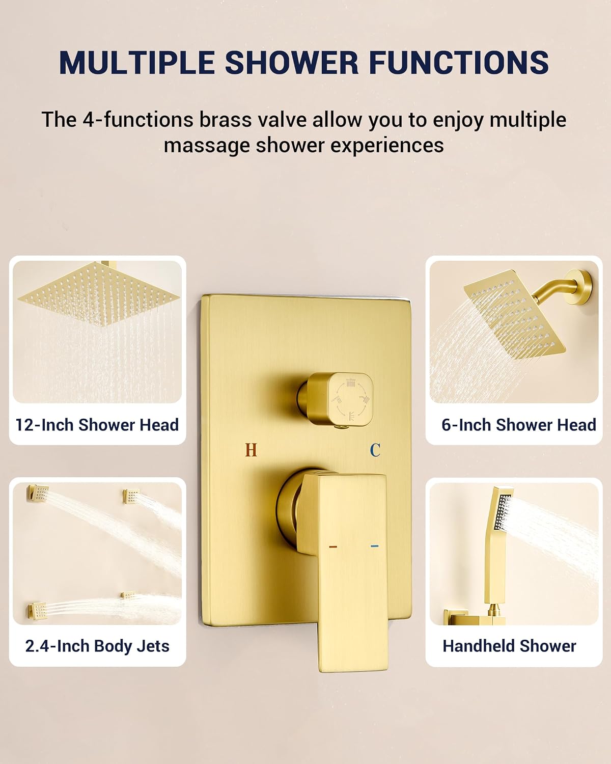 Dual Rainfall Shower Head System with 4 Body Jets, JetsBath Shower Faucet Set Double Shower Head 6-Inch Shower Head & 12' Rain Shower, Luxury Brushed Gold Shower Faucet Set,Wall-Mounted Shower System