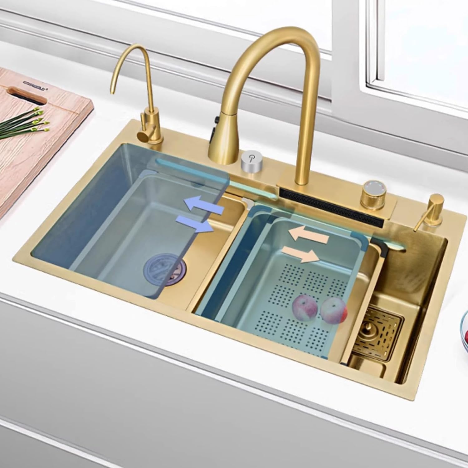 Golden Kitchen Sink Stainless Steel Waterfall Sink Large Single Bowl Sink Built-in Sink Waterfall Faucet Complete Accessories(Size:68x45cm)