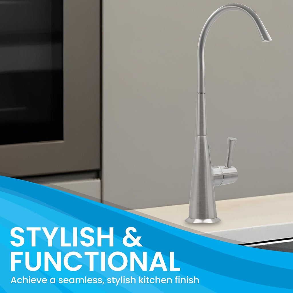 Metpure Airgap 3-Port Brass RO Faucet for Reverse Osmosis Drinking Water Systems. Features Pre-Installed Drain Tubes, Contemporary Design. Includes Wrench and Adapters. (Brushed Nickel)