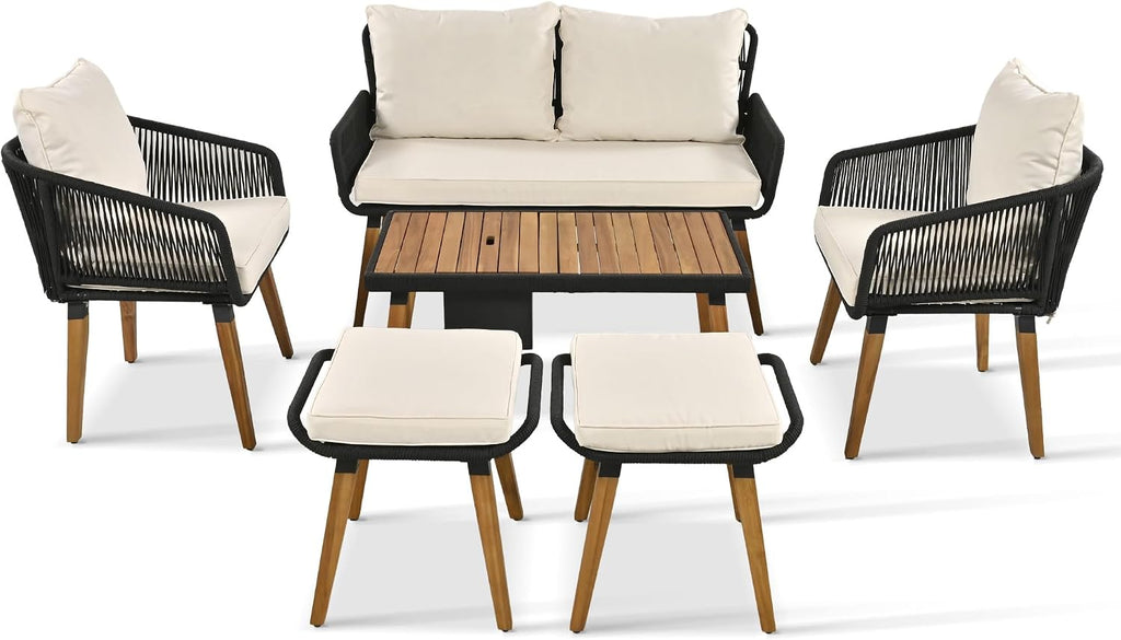 6-Piece Rope Patio Furniture Set, Outdoor Furniture With Acacia Wood Cool Bar Table With Ice Bucket , Deep Seat Patio Conversation Set With Two Stools For Backyard Porch Balcony (Black & Beige-001)