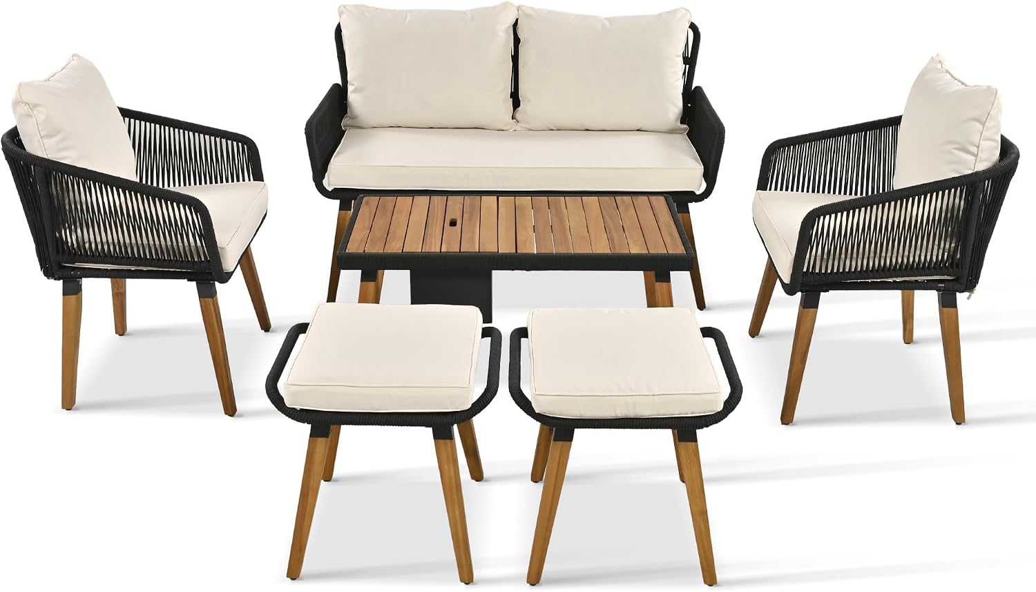 6-Piece Rope Patio Furniture Set, Outdoor Furniture With Acacia Wood Cool Bar Table With Ice Bucket , Deep Seat Patio Conversation Set With Two Stools For Backyard Porch Balcony (Black & Beige-001)