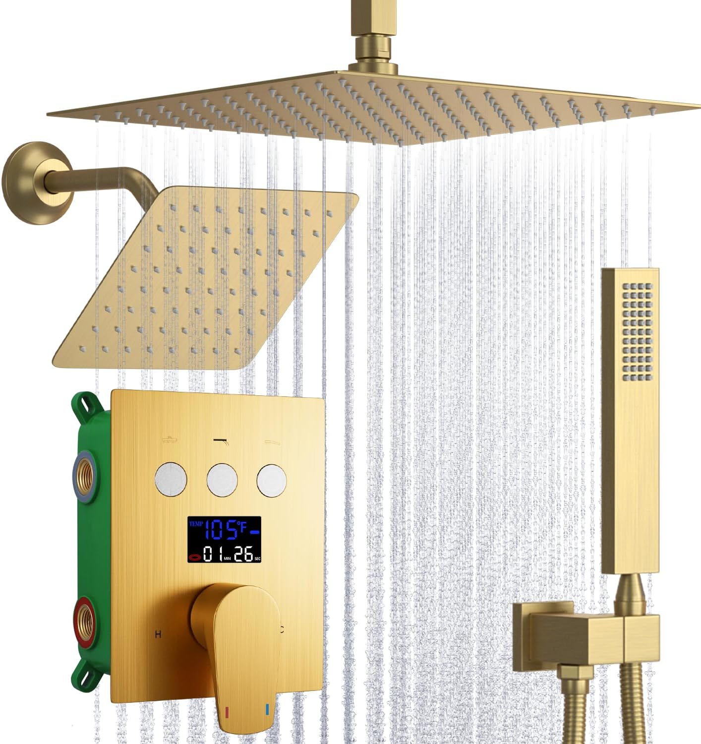 Dual Shower Heads Shower System with 12 Inch Ceiling Rainfall Shower Head and 8 Inch Side Shower Head Digital Display Shower Fixtures Luxury Shower Faucet Set,Brushed Gold