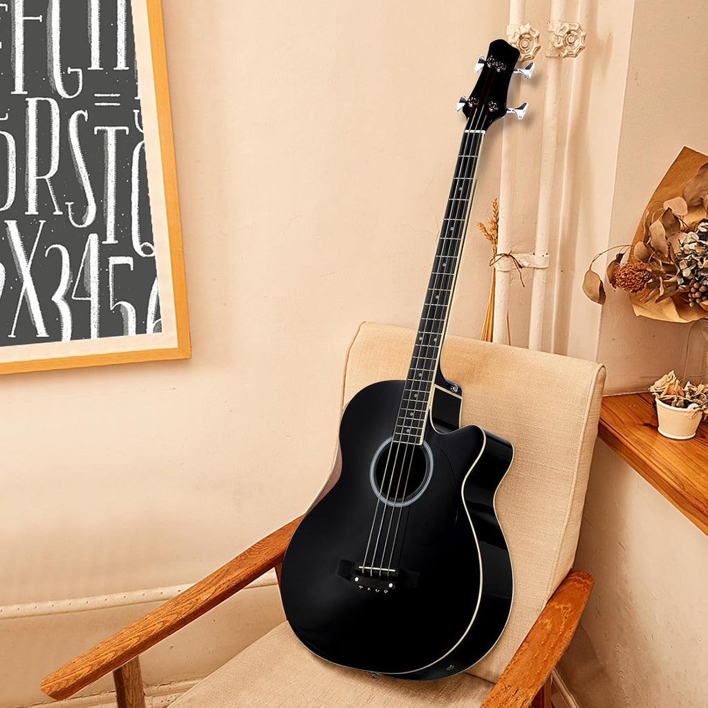 Full Size Acoustic Electric Bass Guitar 4 String Bass Guitar Kit with 4-Band EQ, Special Cutaway Design, Portable Travel Bag, Adjustable Strap, Premium Cable, Picks and Wrench