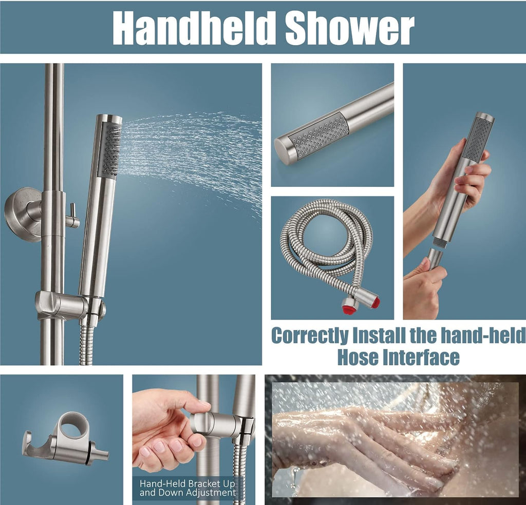 Aolemi Outdoor Shower Fixture SUS304 Triple Function Brushed Nickel Wall Mounted Stainless Steel Shower Faucet System Set with Hand Spray,8' Rain Shower Head