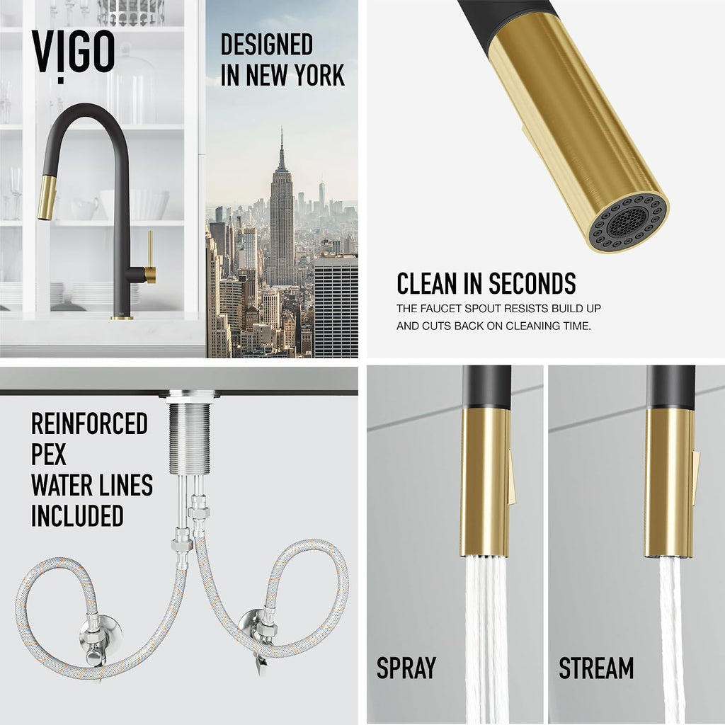 VIGO Greenwich 18'' H Single Handle Pull-Down Sprayer Kitchen Faucet in Matte Black and Matte Brushed Gold-VG02029MBMGB