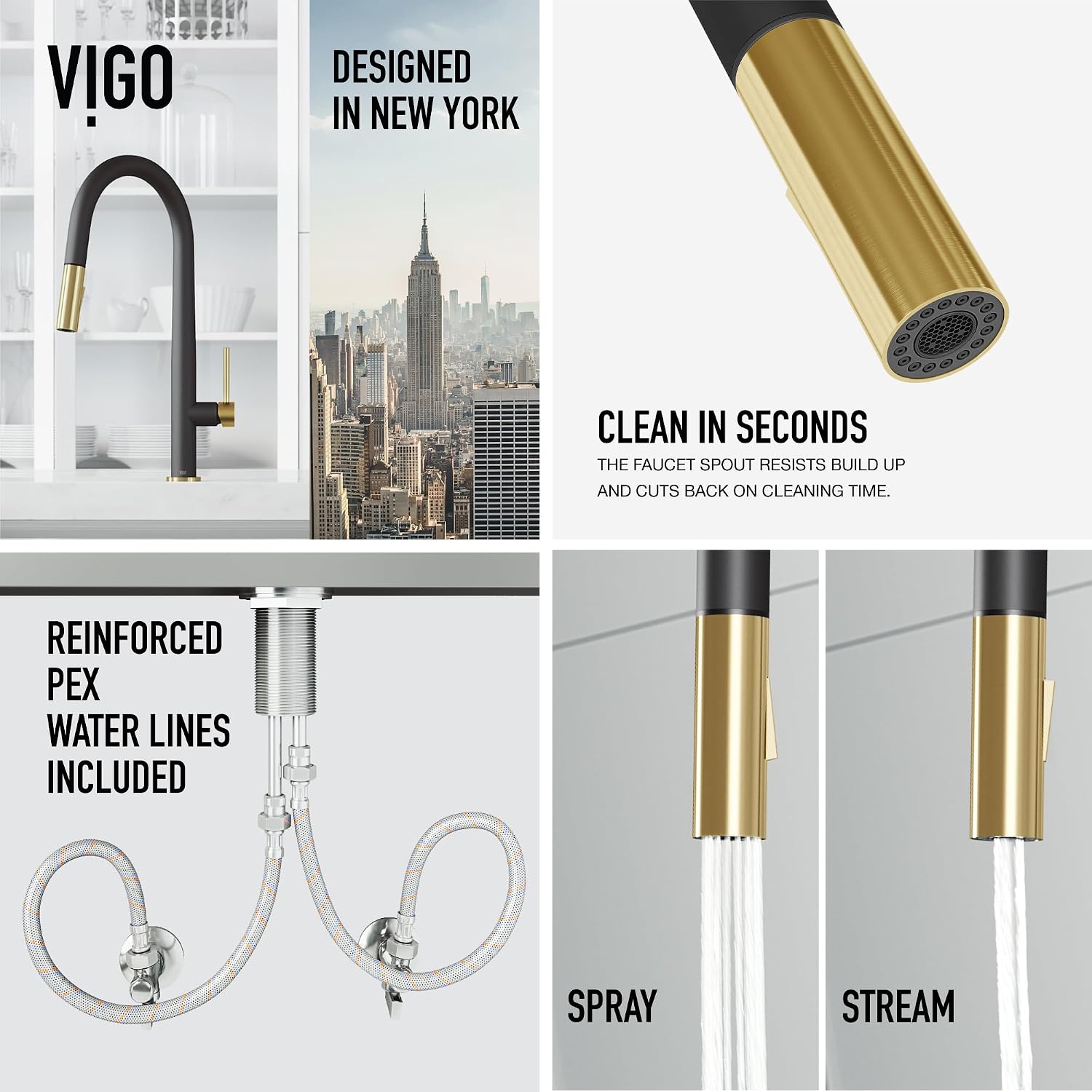 VIGO Greenwich 18'' H Single Handle Pull-Down Sprayer Kitchen Faucet in Matte Black and Matte Brushed Gold-VG02029MBMGB