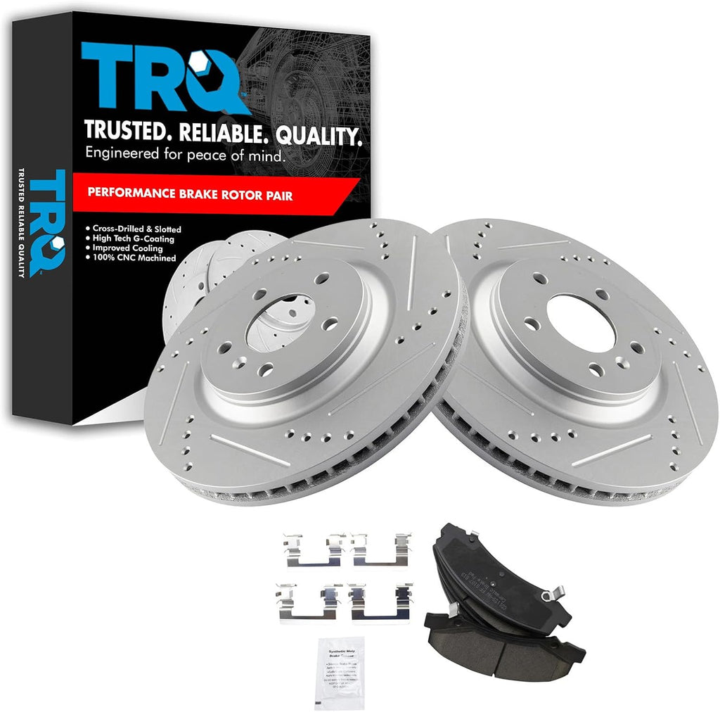 TRQ Performance Front Brake Pad & Rotor Kit Ceramic Premium G-Coated Slotted X Drilled Compatible with 2008-2009 Buick LaCrosse