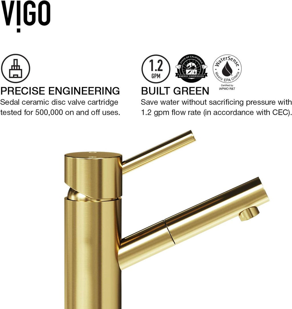 VIGO Noma Single-Handle Single-Hole Mount Bathroom Sink Faucet, 8-Inch, Matte Brushed Gold, Modern Design, Solid Brass, 1.2 GPM WaterSense & Ceramic Disc Valve, Corrosion-Resistant