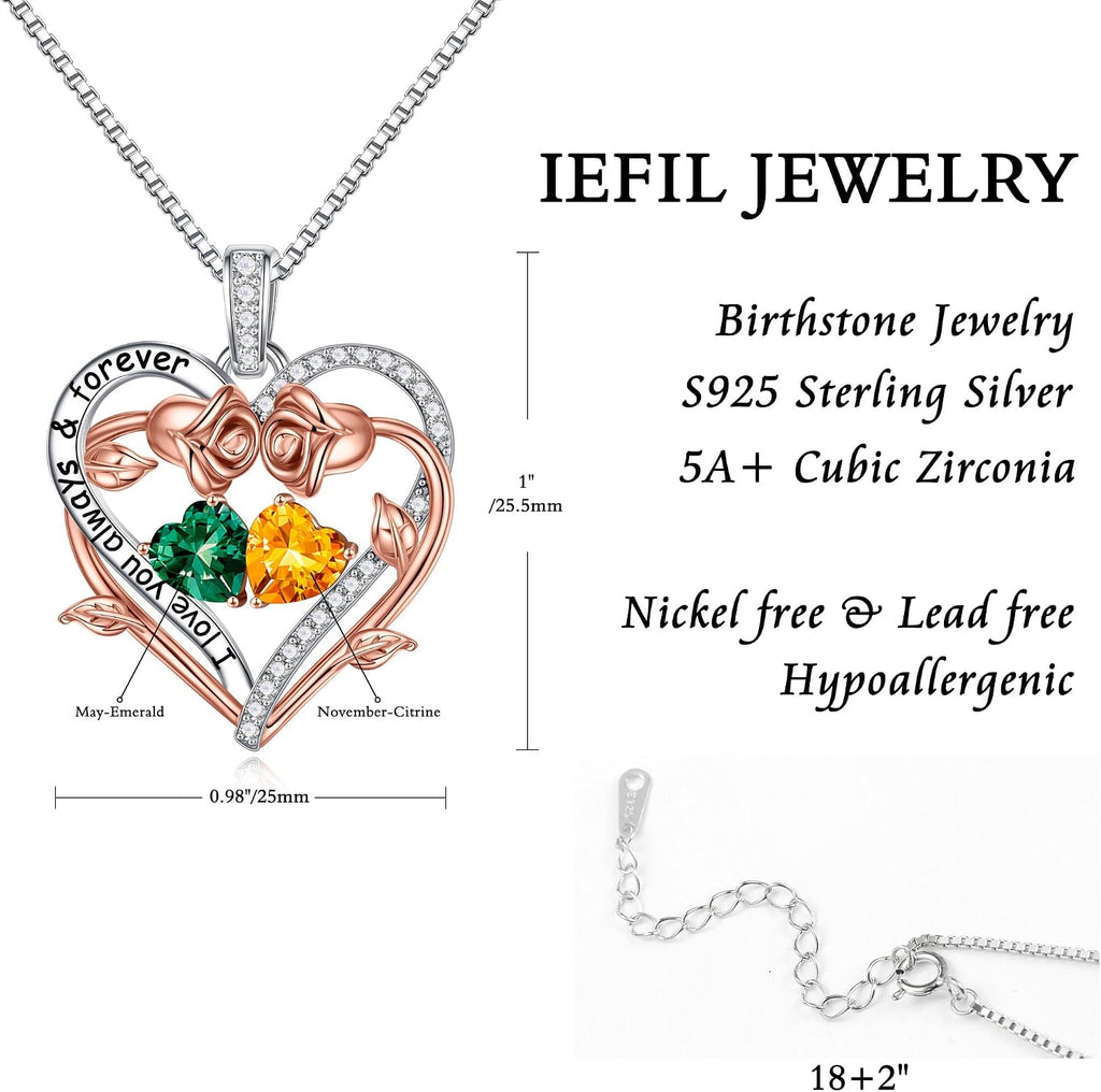 Iefil Rose Heart Double Birthstone Necklace Gifts for Wife Girlfriend Her Women, Birthstone Jewelry Gemstone Birthday Gifts for Mom Grandma Her Wife Women