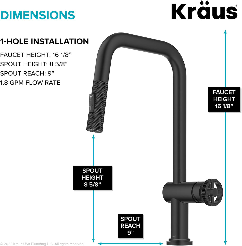 KRAUS Urbix Industrial Pull-Down Single Handle Kitchen Faucet in Matte Black, KPF-3126MB