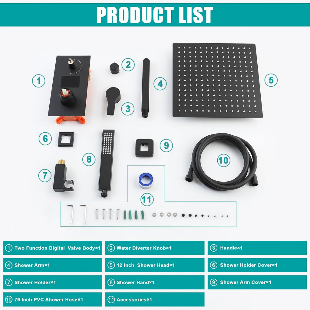 SKOWLL Shower Faucet Set Digital Display, 12 Inch Ceiling Mount Rainfall Shower Head with Handheld Combo, Matte Black Shower Head and Handle Set with Valve