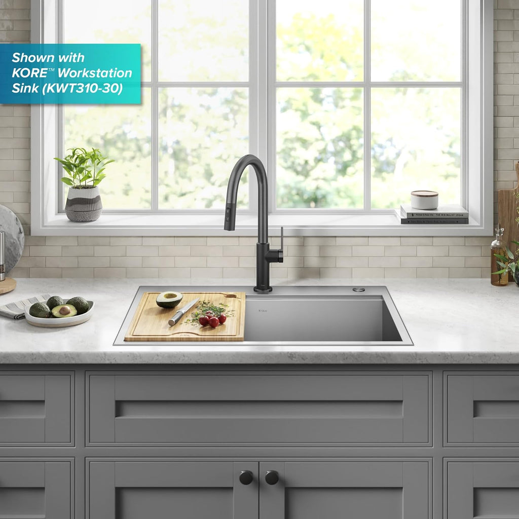 KRAUS Oletto High-Arc Single Handle Pull-Down Kitchen Sink Faucets in Spot Free Black Stainless Steel, Kitchen Faucets with Pull Down Sprayer, KPF-2820MBSFSB