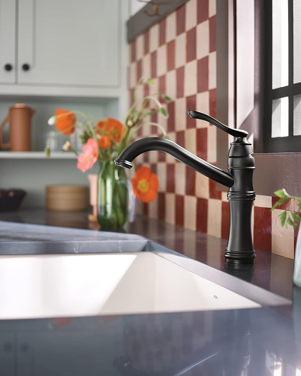 Moen 7240BL Belfield Traditional One Handle High Arc Kitchen Faucet with Optional Deckplate Included, Matte Black