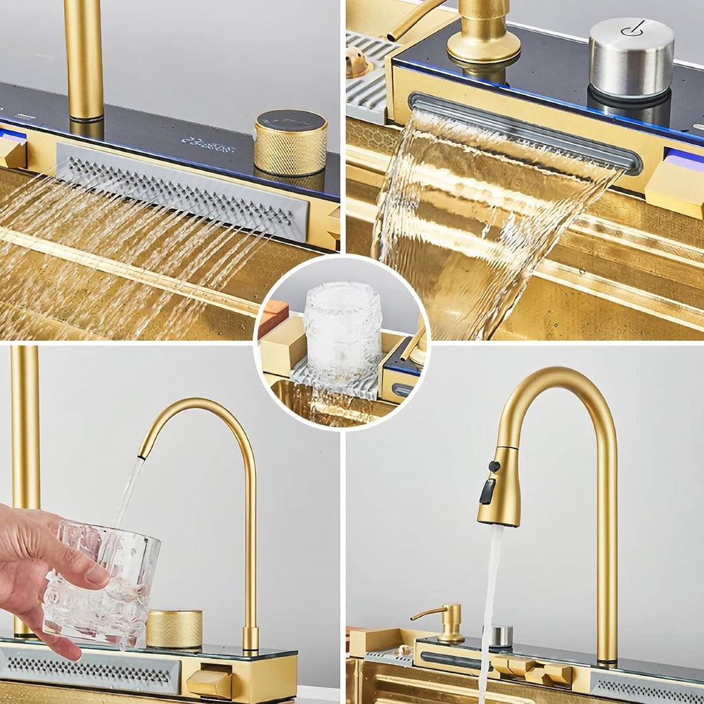 Kitchen Sink Deluxe Smart Waterfall Kitchen Sink Modern Multifunctional Stainless Steel Sink Utility Farmhouse Sink With integrated faucet, cup washer, soap dispenser included (Gold, 31.5 * 18in)