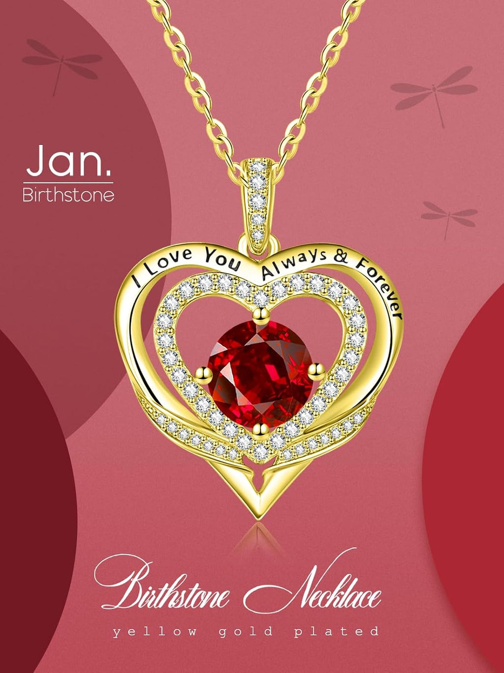 14K Gold Heart Necklaces for Women with Birthstone Pendant ，Double Hearts Necklace Jewelry Gift for Girlfriend Mom Anniversary Birthday Adjustable Chain 18' + 2' 'I Love You Always & Forever