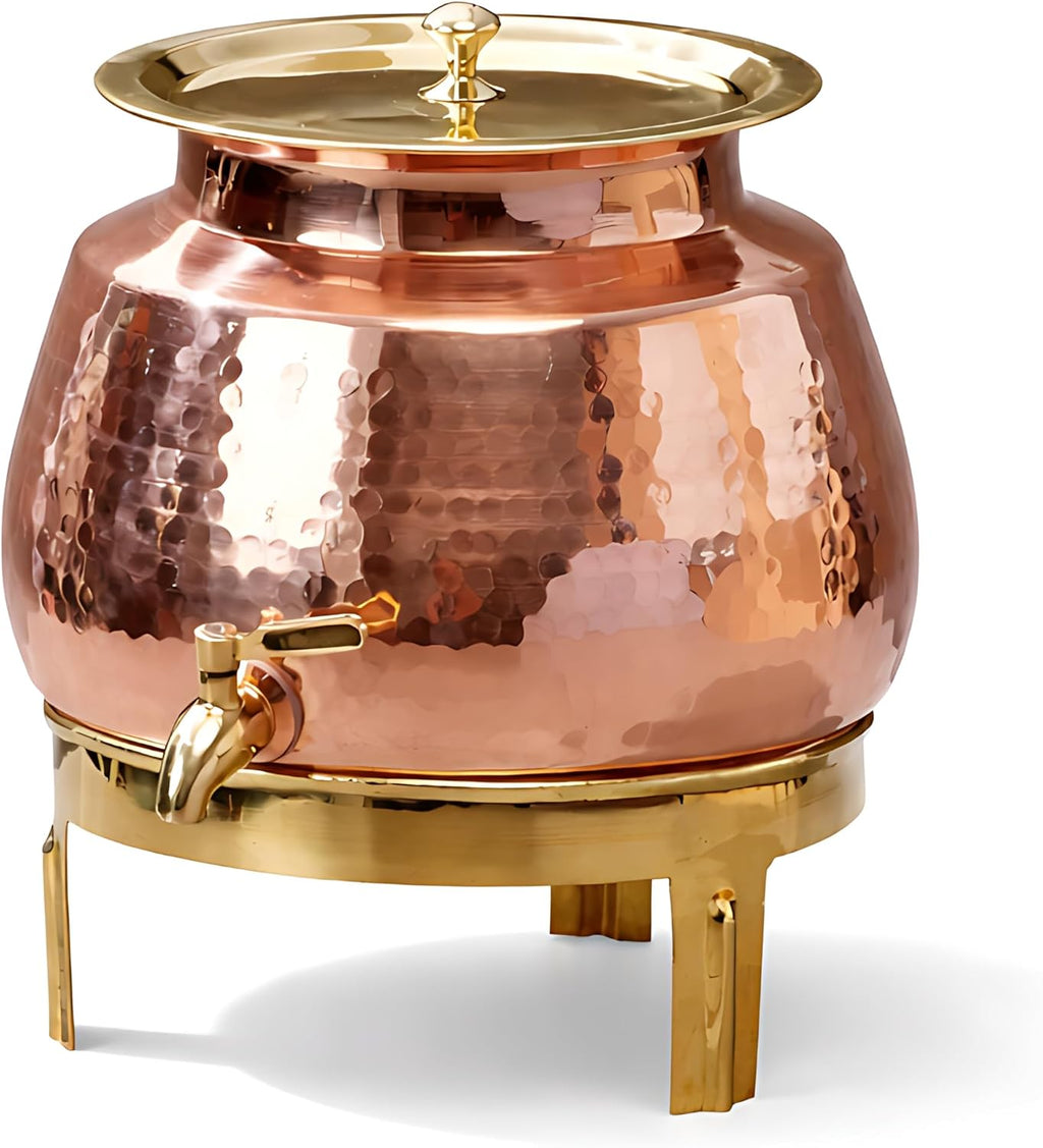 P-TAL Copper Water Dispenser 2.65 Gallons | 100% Pure Copper Pot Heavy Gauge and Hammered with Prefitted Leakproof Brass Spigot, Lid and Stand
