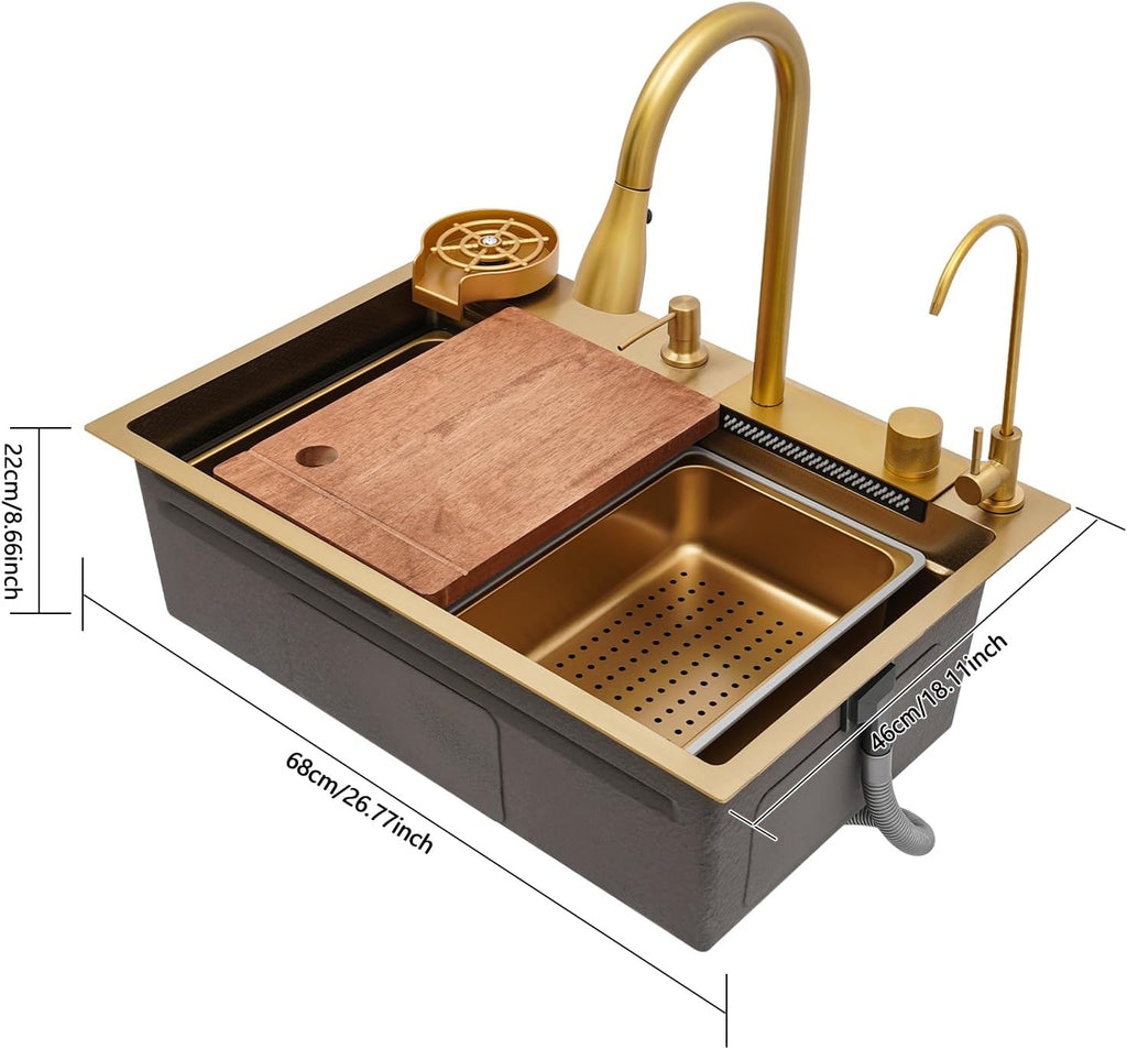 Multifunctional Kitchen Waterfall Sink, Gold Stainles Steel Kitchen Sink Double Sliding Rail, Double Bowl Sink with 3-Mode Cold & Hot Water Faucet 26.77x18.11x8.66in for Kitchen Bar Hotel(Gold)