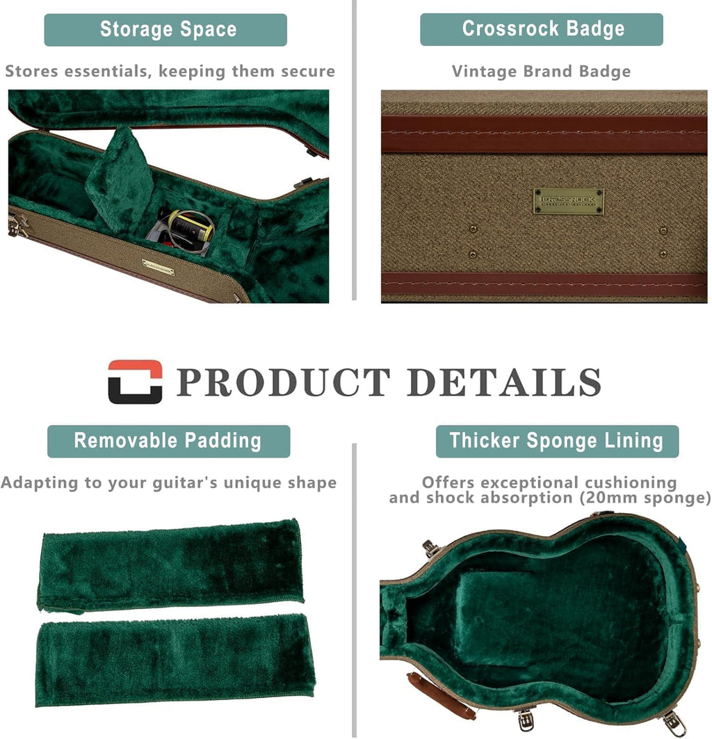 Crossrock Master Series Acoustic Guitar Case for Martin D-28 / Grand Auditorium | Olive Green Eco Tweed Fabric, Re-Engineered Shell, Leather Handle & Forest Green Velvet Interior(CRW720D28OG)
