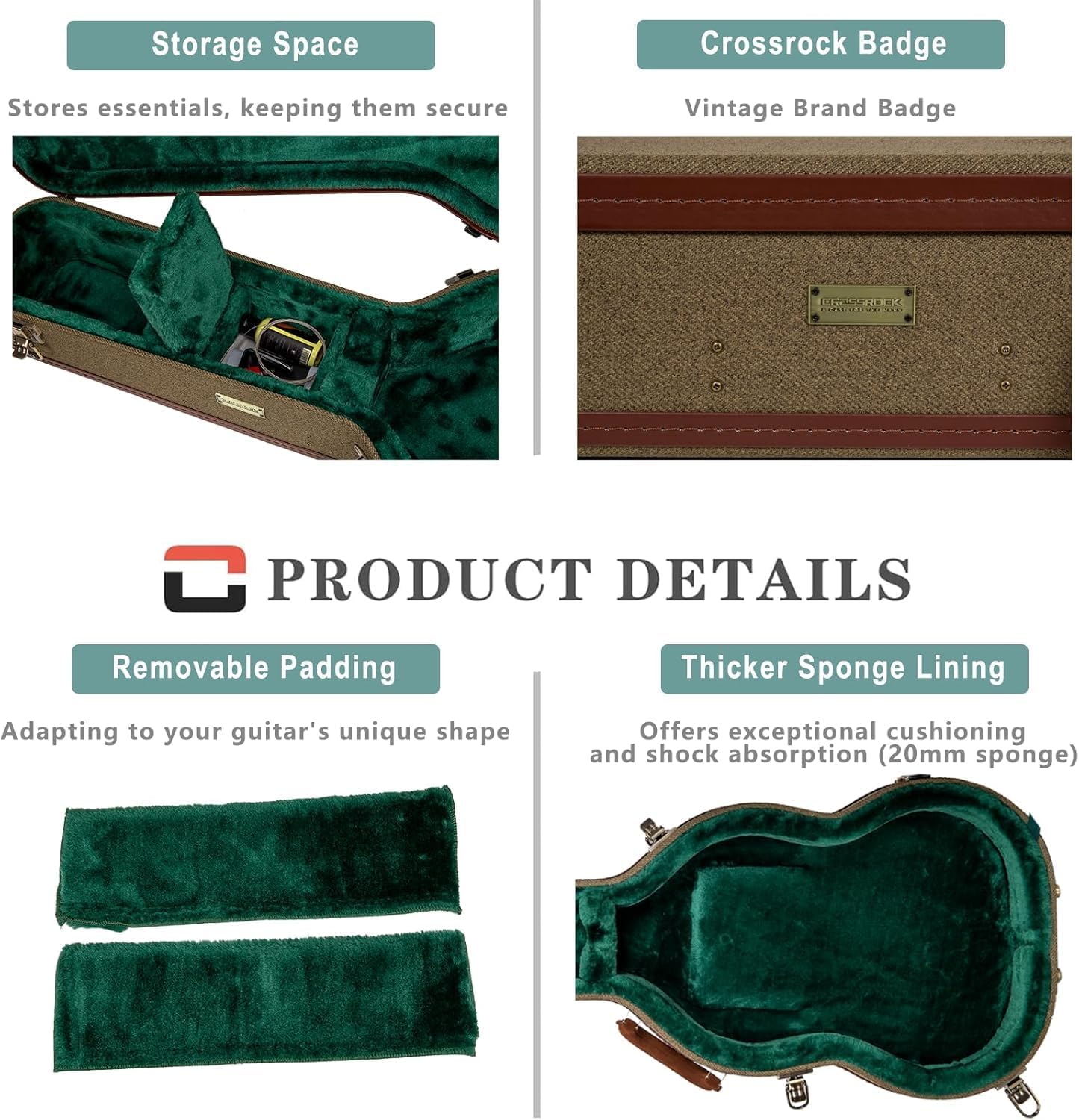 Crossrock Master Series Acoustic Guitar Case for Martin D-28 / Grand Auditorium | Olive Green Eco Tweed Fabric, Re-Engineered Shell, Leather Handle & Forest Green Velvet Interior(CRW720D28OG)