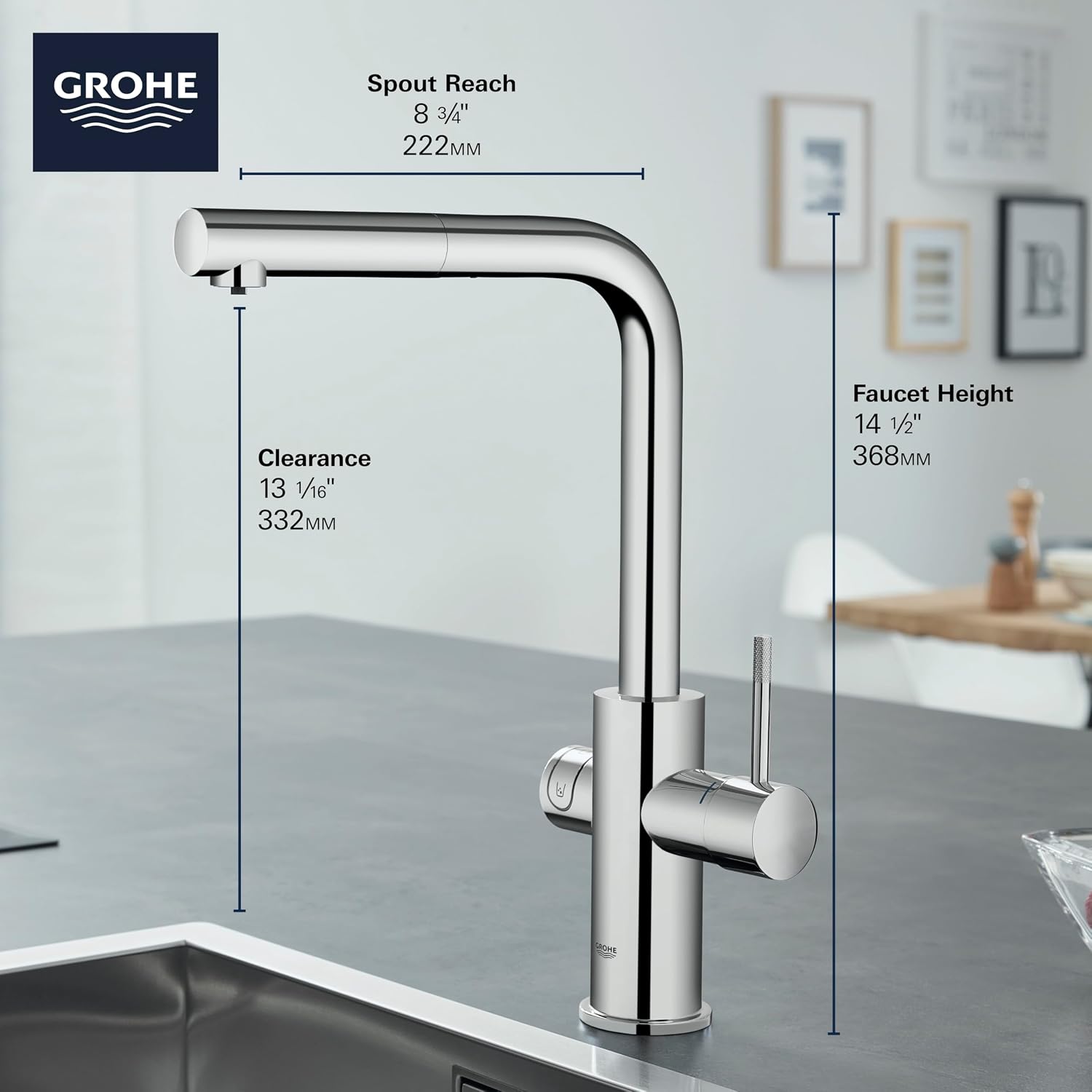 GROHE 31608DC2 Blue Single-Handle Pull-Out Kitchen Faucet Single Spray with Chilled & Sparkling Water, 1.75 GPM, Supersteel