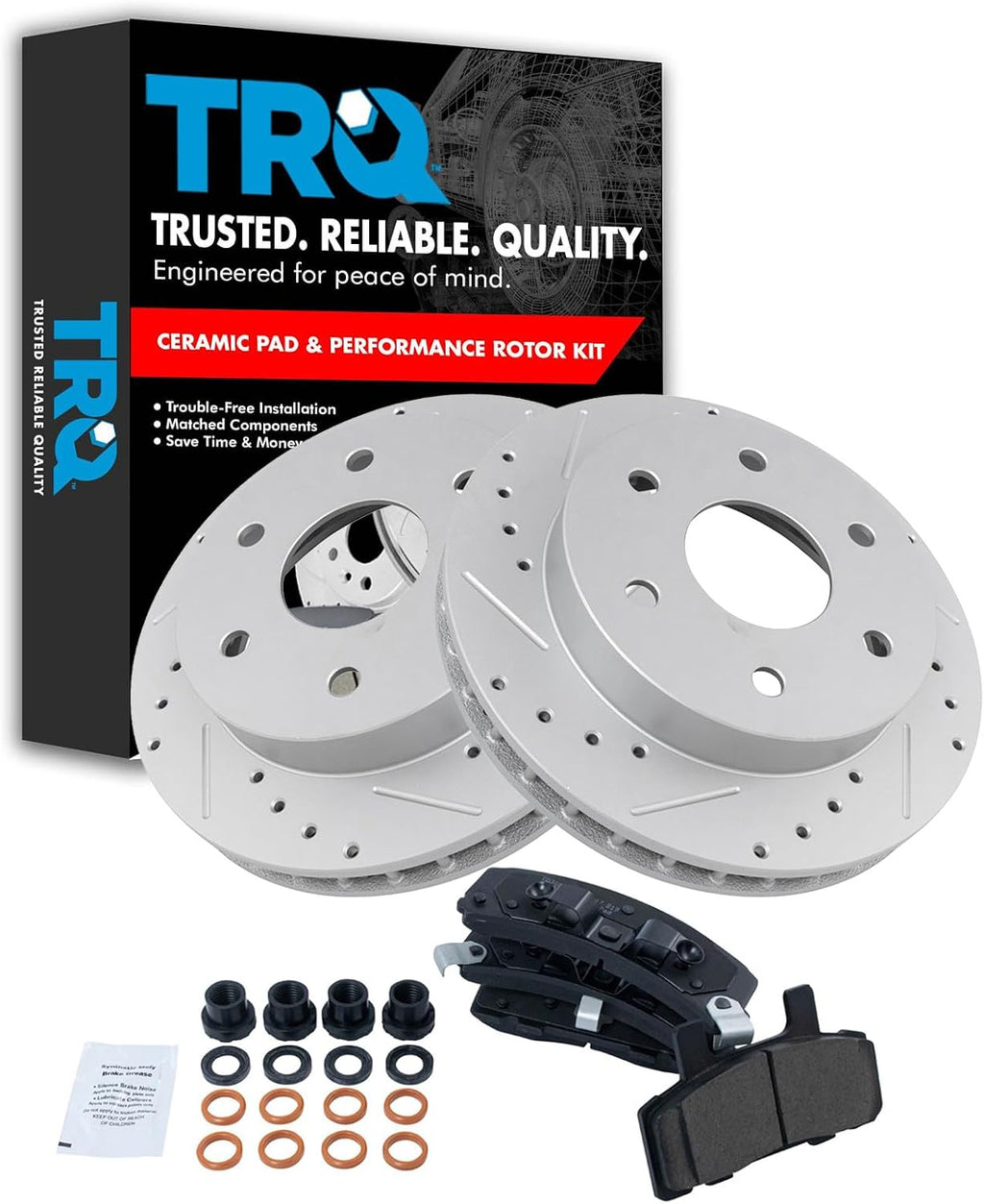 TRQ Performance Front Ceramic Brake Pad and Rotor Set Coated Drilled Slotted Compatible with 95-99 GMC Yukon 4 Wheel Drive with 295 mm Diameter Front Rotors
