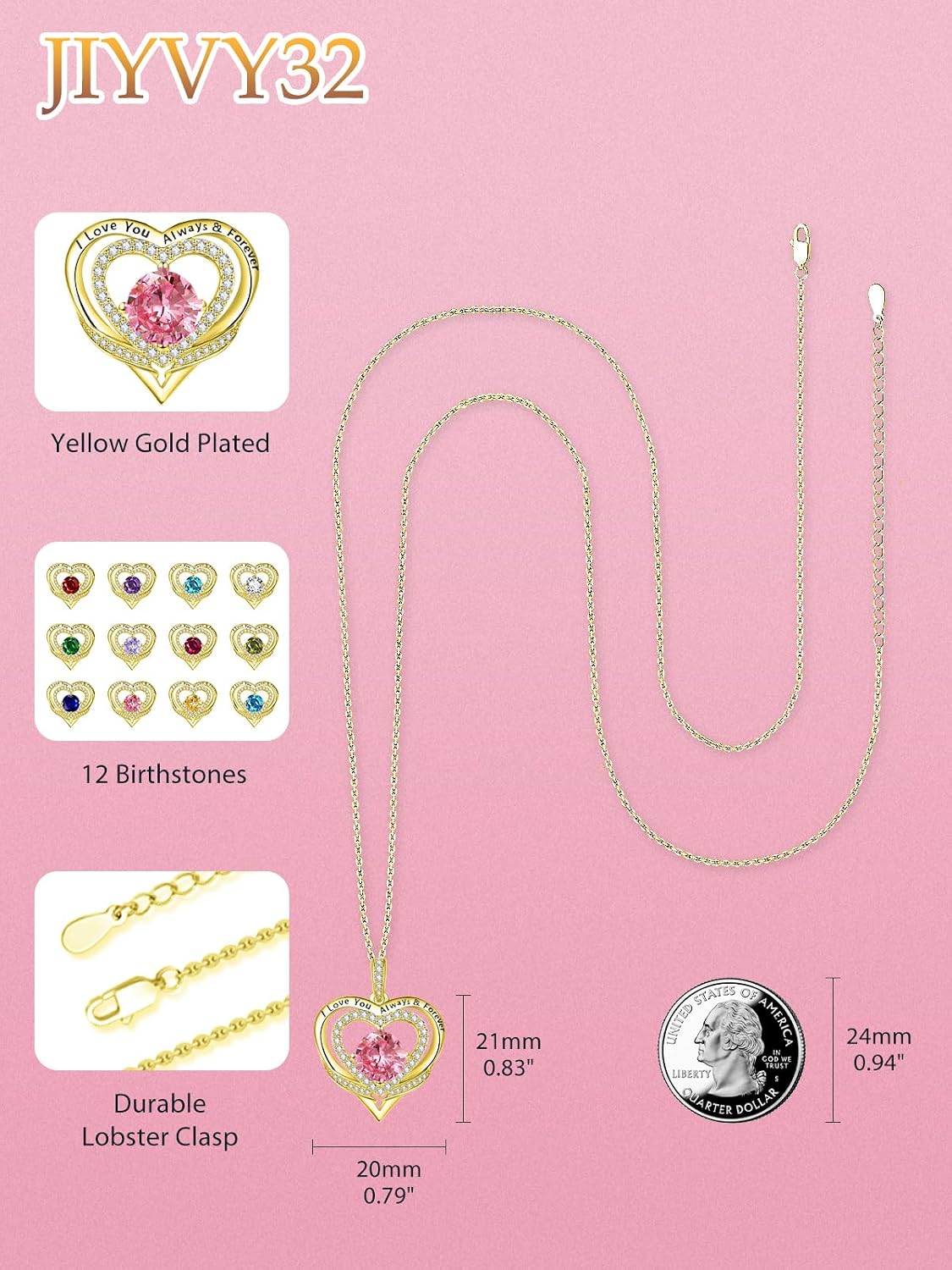 14K Gold Heart Necklaces for Women with Birthstone Pendant ，Double Hearts Necklace Jewelry Gift for Girlfriend Mom Anniversary Birthday Adjustable Chain 18' + 2' 'I Love You Always & Forever