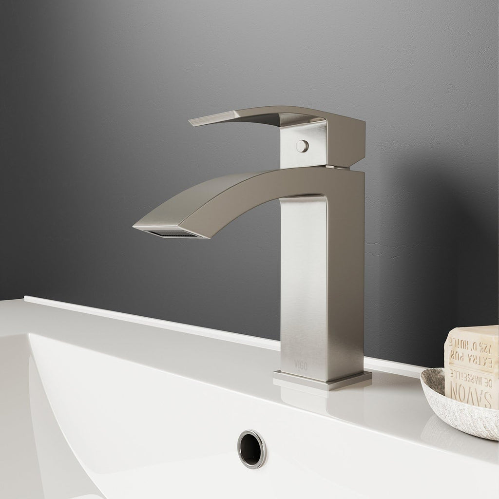 VIGO Satro Waterfall Single-Handle Single-Hole Mount Bathroom Sink Faucet, 7-Inch, Brushed Nickel, Modern Design, Solid Brass, 1.2 GPM WaterSense & Ceramic Disc Valve, Corrosion-Resistant