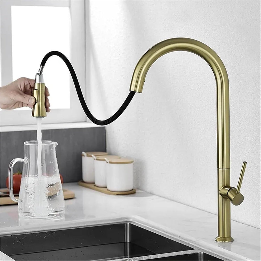 Pull Out Kitchen Sink Water Tap Single Handle Cold and Hot Water Mixer Tap 360 Rotation Kitchen Faucet(Brushed Gold)
