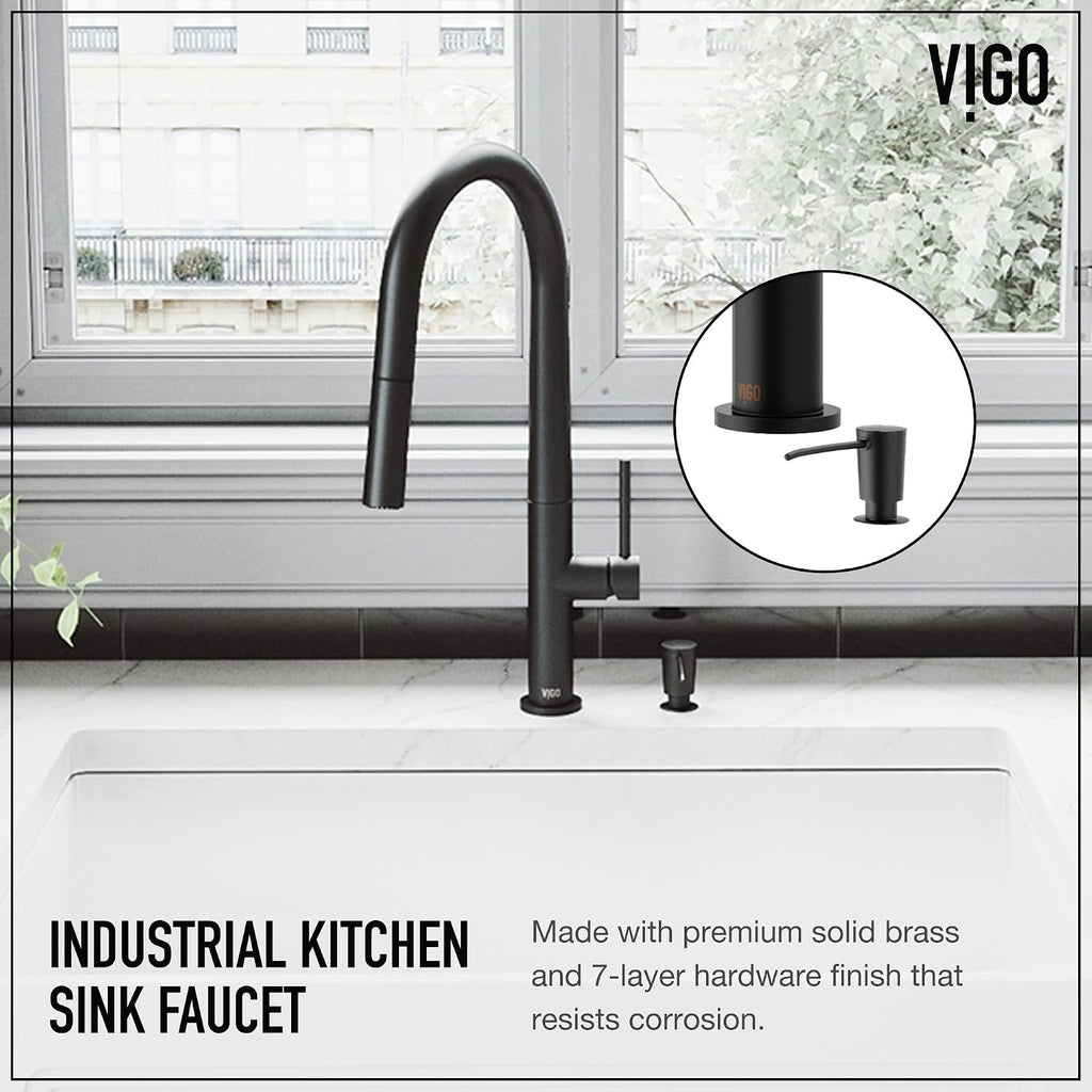 VIGO Greenwich 18'' H Single Handle Pull-Down Sprayer Kitchen Faucet Set with Soap Dispenser in Matte Black-VG02029MBK2