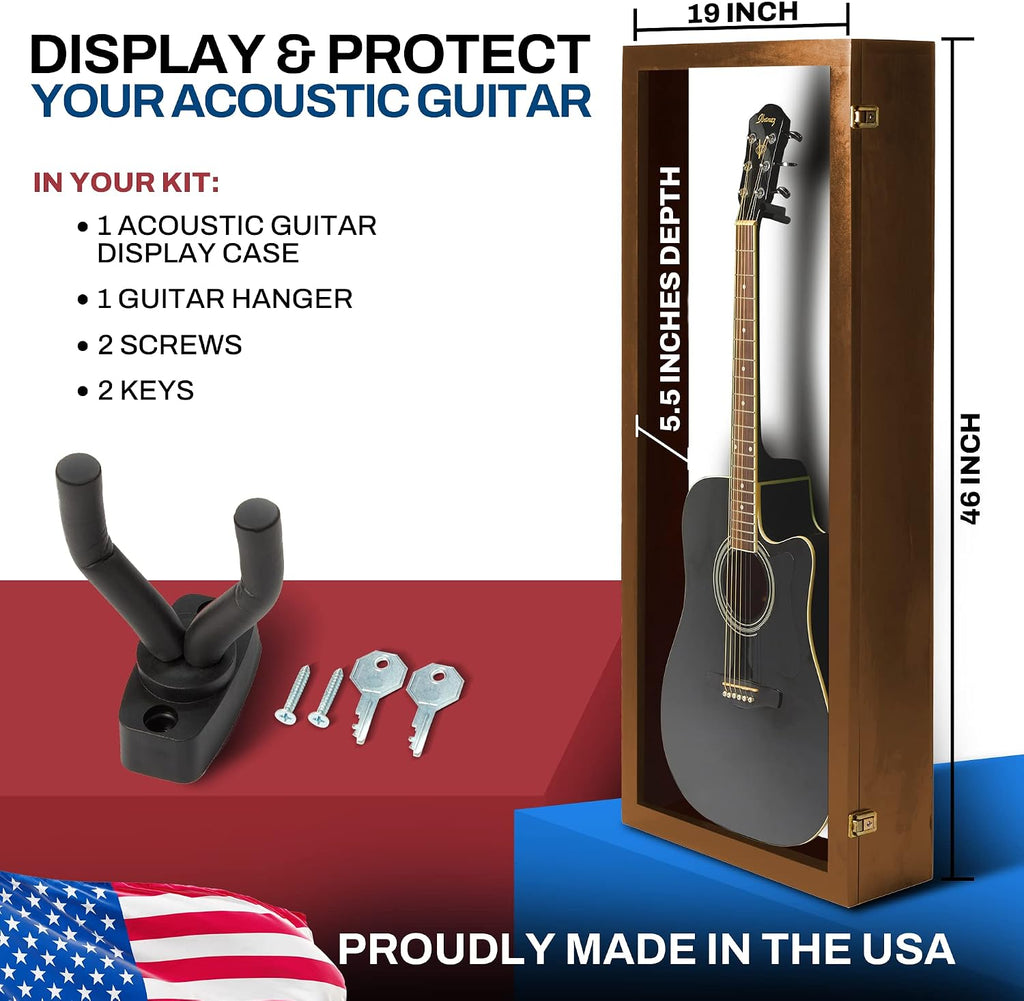 PENNZONI Acoustic Guitar Display Case - Acrylic Acoustic Guitar Case - Guitar Display Case Wall Mount Made from Hardwood Frame & Clear Acrylic - Walnut w/Felt White
