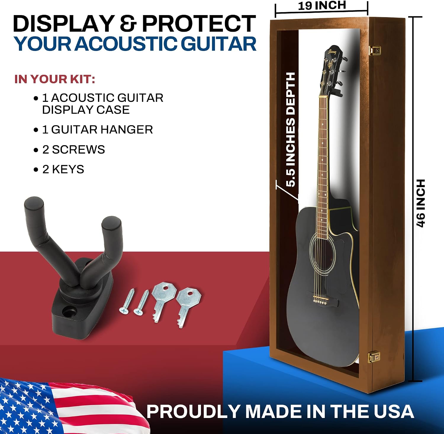 PENNZONI Acoustic Guitar Display Case - Acrylic Acoustic Guitar Case - Guitar Display Case Wall Mount Made from Hardwood Frame & Clear Acrylic - Walnut w/Felt White