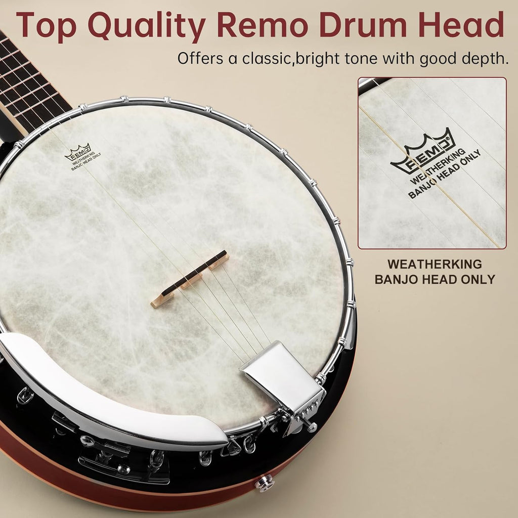 Kmise Banjo, 5 String Electric Acoustic Banjos with Remo Head Full Size 38 Inch and Kmise Stretchy Adjustable Guitar Strap with Guitar Capo and Strap Button