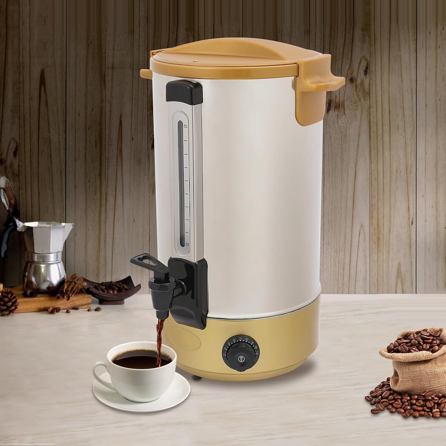 Commercial Coffee Urn, 1800W 28L/7.4Gal Stainless Steel Hot Coffee Dispenser with Faucet for Hot Beverage Tea Chocolate, Adjustable Temperature 86-248℉ (Gold)
