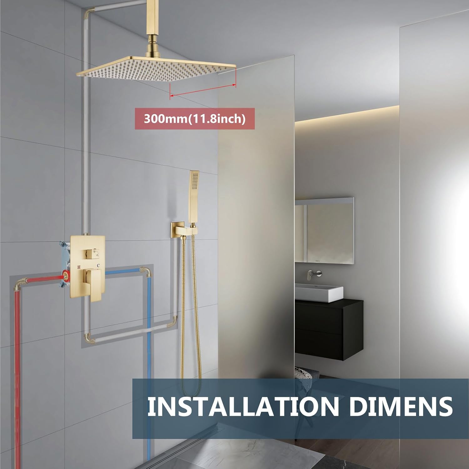 Aolemi Ceiling Mount Shower Faucet Set with Handheld Spray High Pressure Shower Faucets Sets Complete Rough-in Valve and Shower Trim Kit System Included Rainfall Brushed Gold 12 Inch LED Shower Head
