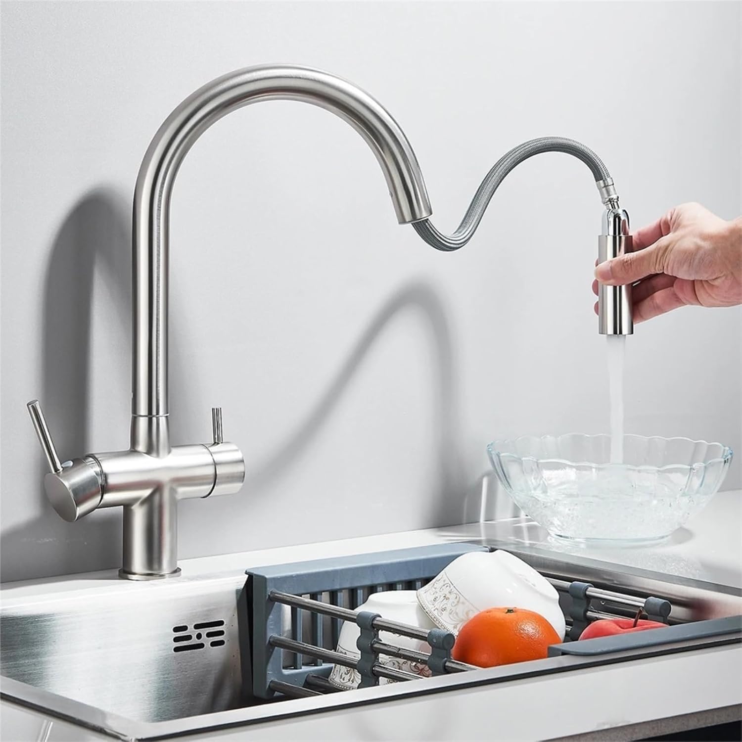 Kitchen Faucet Pure Water Pull Out 360 Rotation Hot and Cold Water Mixer Tap Dual Handle Deck Mounted Sink Crane(Chrome)