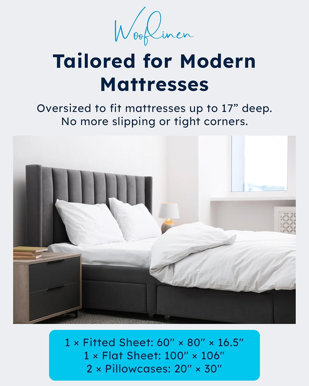 Wooflinen 100% Viscose Derived from Bamboo Sheets Set – Silky Soft Like Silk Bed Sheets – Matte White Bed Cover with Pillowcases – Cooling, Thick, Durable – Queen, 4 Pc Set