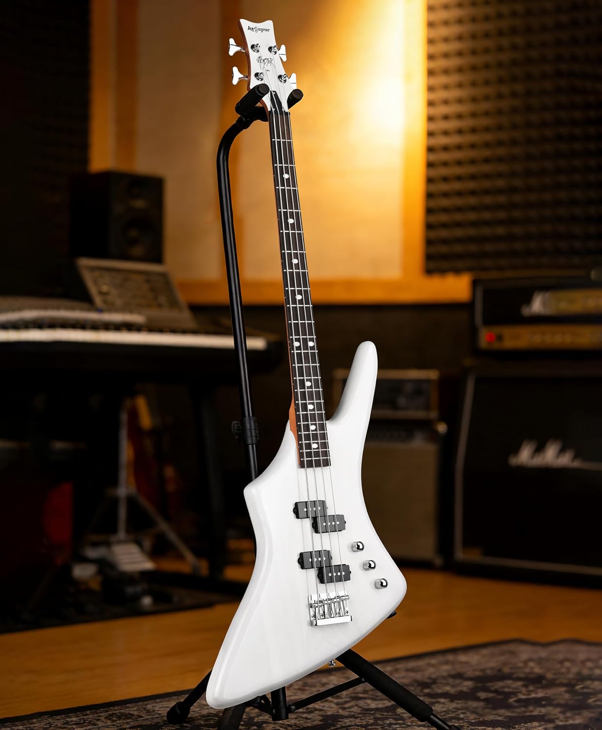 Leo Jaymz Monster 4-String Bass Guitar - Dual PB-Style Pickups, Solid Ash Body, Ebony Fingerboard, Transparent White Gloss