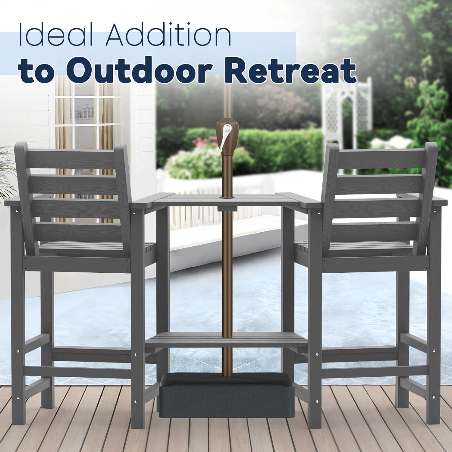PLUUV Tall Adirondack Chairs Set of 2, All Weather HDPE Poly Bar Height Balcony Adirondack Chair with Removable Double Connecting Trays, Outdoor Adirondack Barstools for Deck, Patio, Yard, Pool, Lawn