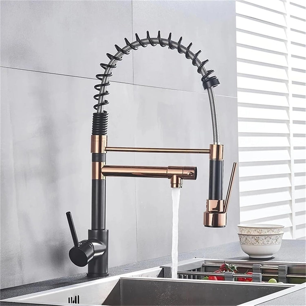 Kitchen Spring Faucet Pull Down Pull Out Dual Spouts 360 Rotation Cold and Hot Water Single Handle Mixer Tap(ORB Rose Gold Long A)