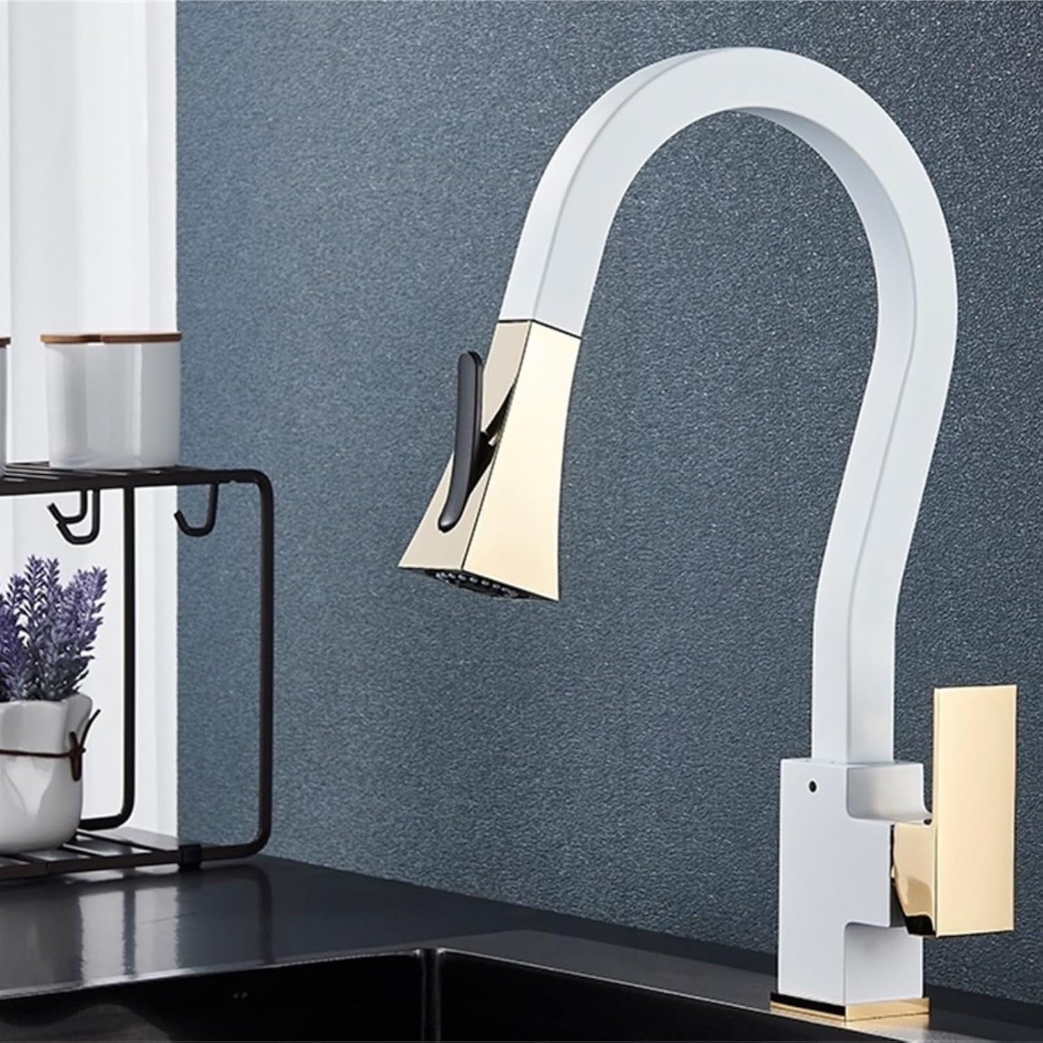 Kitchen Pull-Out Faucets Sink Mixer Two Function Single Handle Hot and Cold Water Crane Deck Mounted(White Gold)