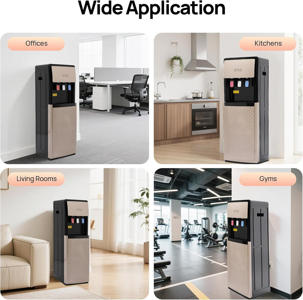 Bottom Loading Water Dispenser with Hot, Cold & Room Temperature Water - 500W Heating & 90W Cooling - Safe, Energy-Saving & User-Friendly Design for Home, Office (Champaign Gold)