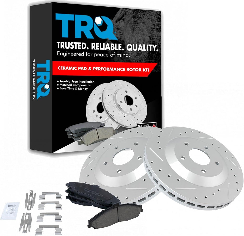 TRQ Performance Front Brake Pad and Rotor Set Ceramic Drilled Slotted G Coated Vented Rotors Compatible with 1997-2004 Chevrolet Corvette