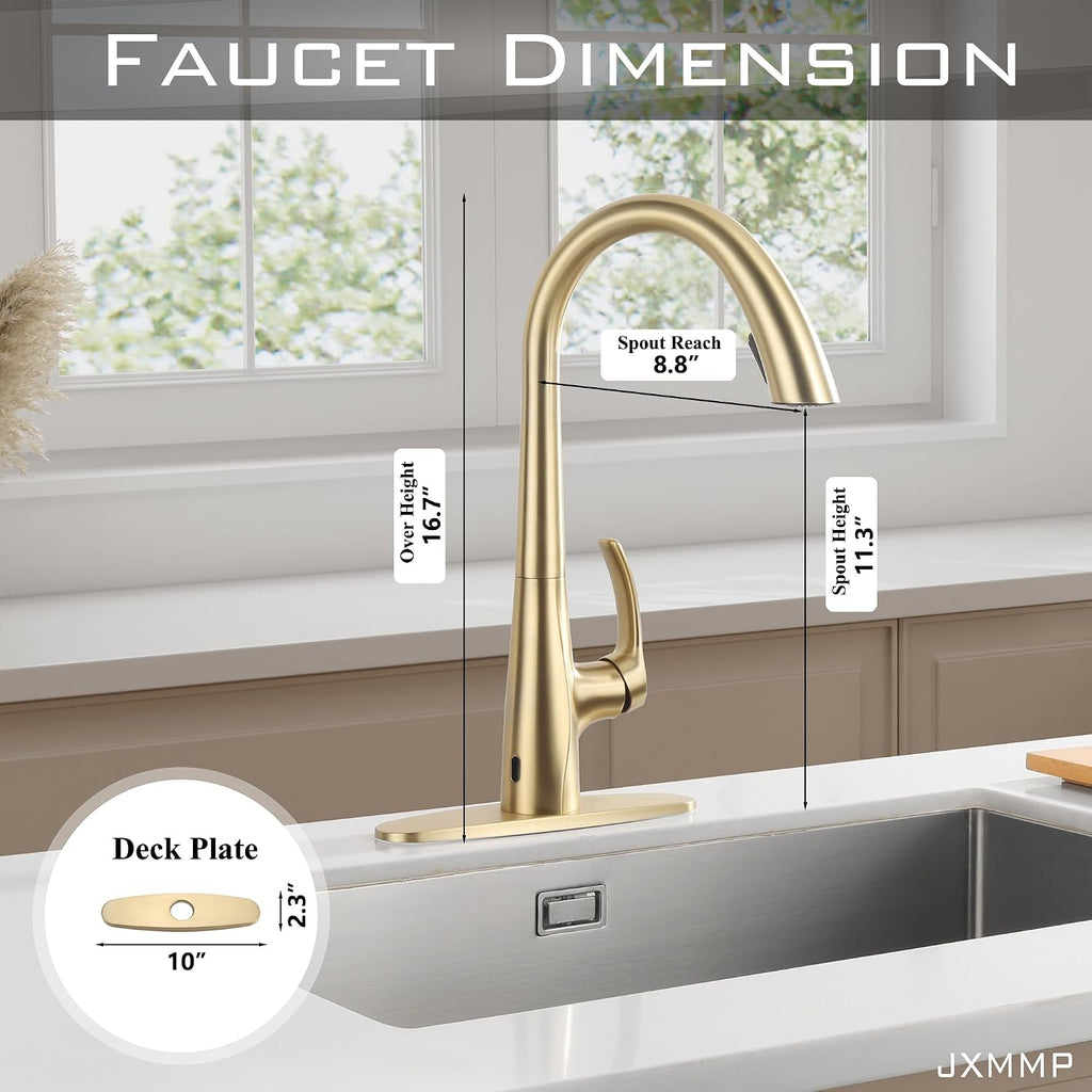 Touchless Kitchen Faucet with Pull Down Sprayer, Brushed Gold Motion Sensor Kitchen Faucet, Stainless Steel Hands Free Faucet for Kitchen Sink 1 or 3 Hole