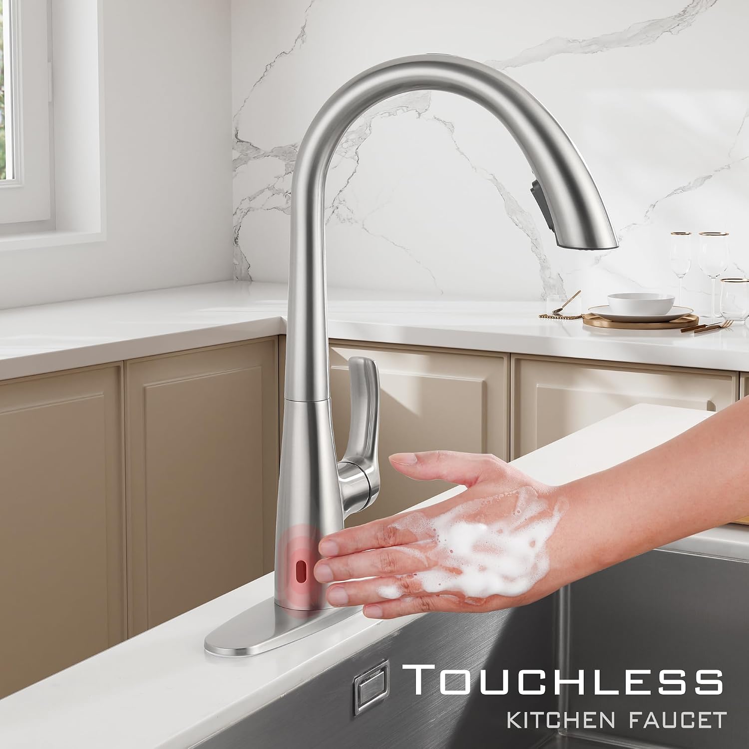 Touchless Pull Down Kitchen Sink Faucet, Brushed Nickel Activated Smart Motion Sensor Kitchen Faucet Single Handle, Stainless Steel Hands Free Faucet with Sprayer for Kitchen Sink