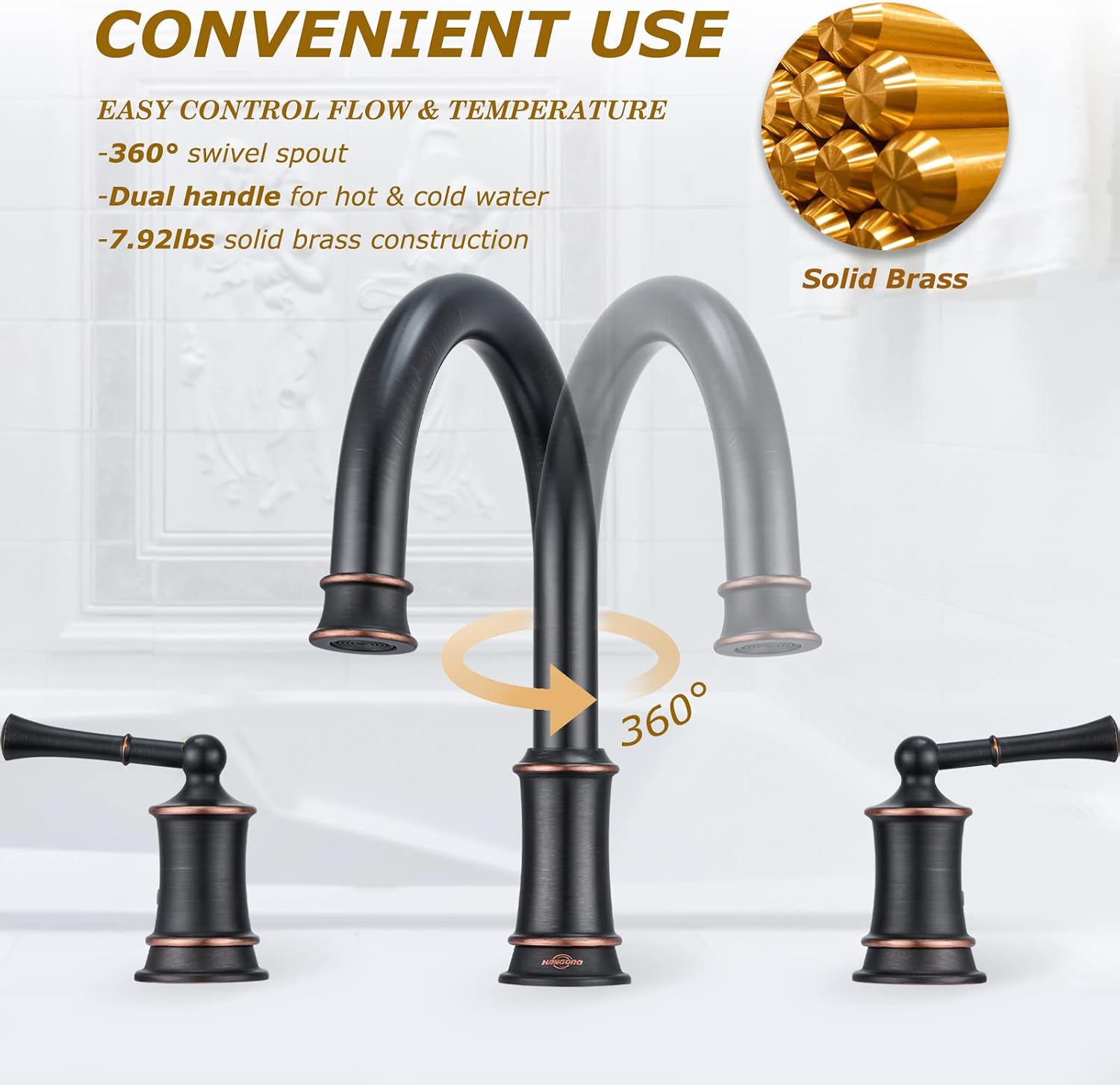 Oil Rubbed Bronze Roman Tub Faucet, Antique Bathtub Faucet Set 3 Hole, High Flow Bath Tub Faucet 12-16 inch Widespread, Solid Brass Tub Filler 2 Handle 360° Swivel Spout Rough-in Valve(B2307-ORB)