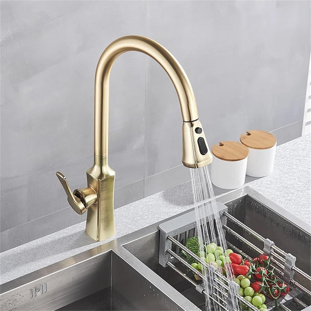 Kitchen Faucet Hot and Cold Water Mixer Faucet for Kitchen Pull Out Mixer Crane 2 Function Spout Brass Water Mixer(Brushed Gold)