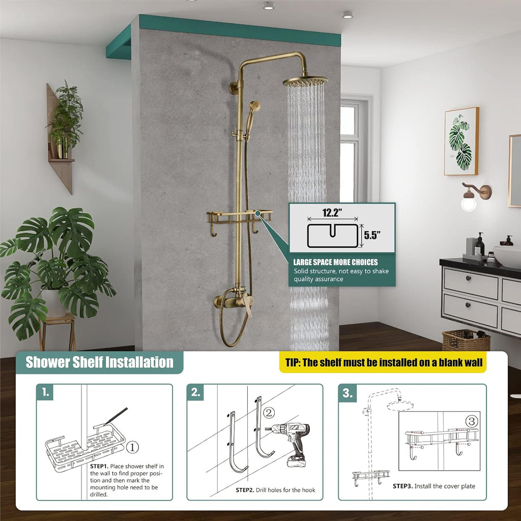 Heyalan Antique Brass Exposed Pipe Shower System 8 Inch Rainfall Shower Head Fixture Combo Set Single Handle with Handheld Sprayer Bathroom Shower Faucet Adjustable Showerhead Bar with Shower Shelf