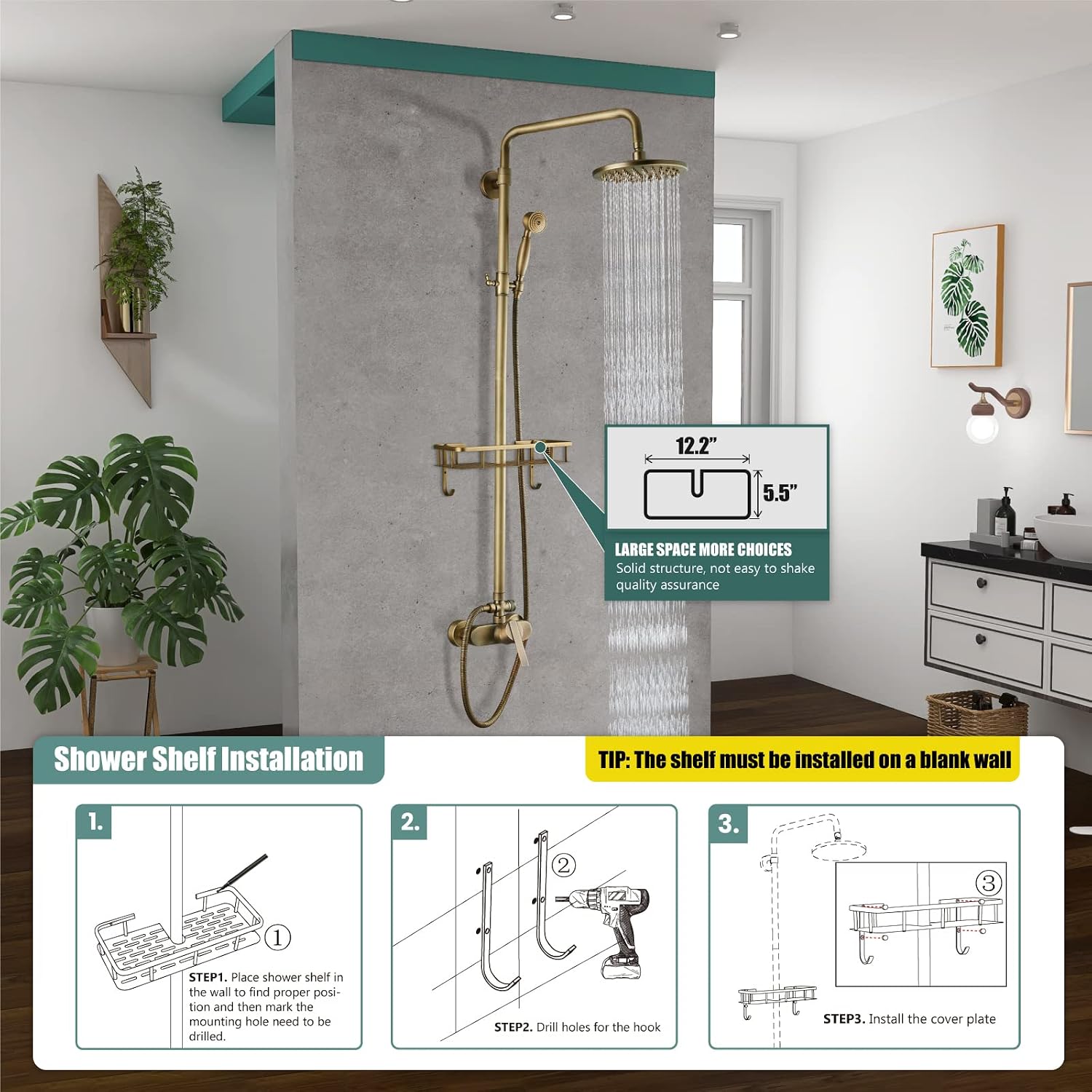 Heyalan Antique Brass Exposed Pipe Shower System 8 Inch Rainfall Shower Head Fixture Combo Set Single Handle with Handheld Sprayer Bathroom Shower Faucet Adjustable Showerhead Bar with Shower Shelf