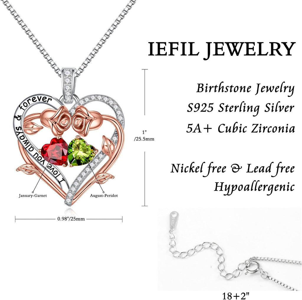 Iefil Rose Heart Double Birthstone Necklace Gifts for Wife Girlfriend Her Women, Birthstone Jewelry Gemstone Birthday Gifts for Mom Grandma Her Wife Women